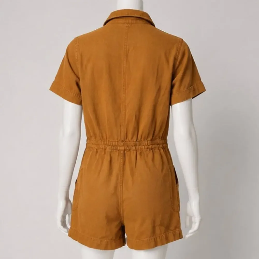Everlane The Denim Short Coverall Organic Cotton Brown Rust Romper 6